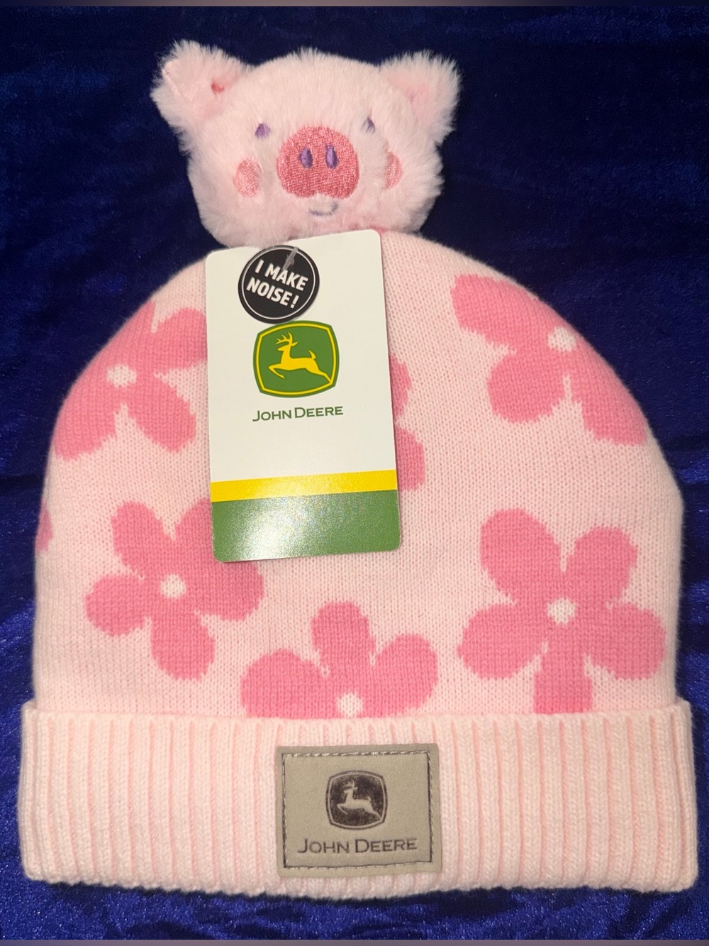 John Deere Pink Floral Pom-Pig Knit Beanie